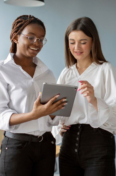 low view confident woman holding camera